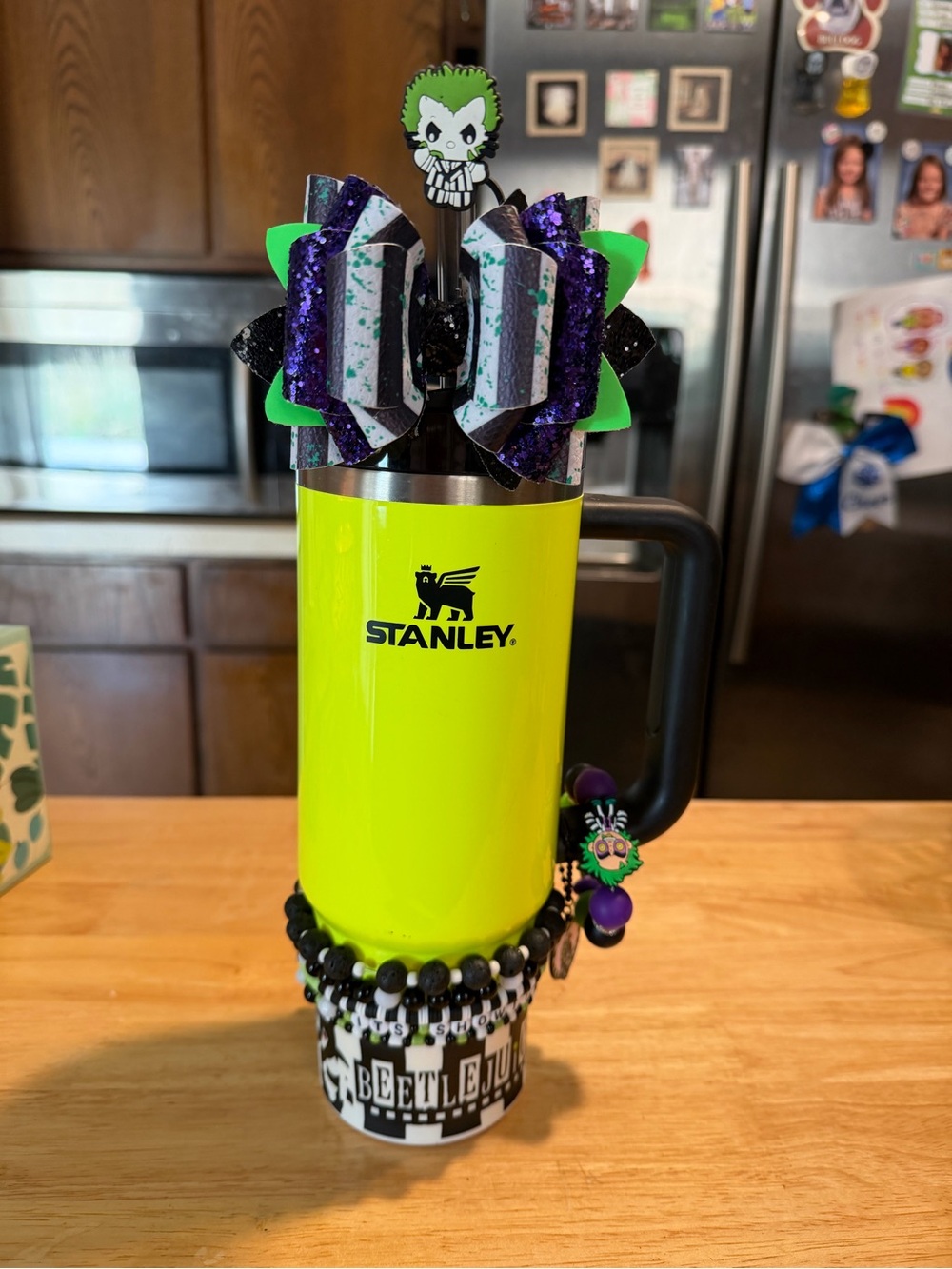 Dressed up neon yellow 30oz Stanley with “ Beetlejuice” theme